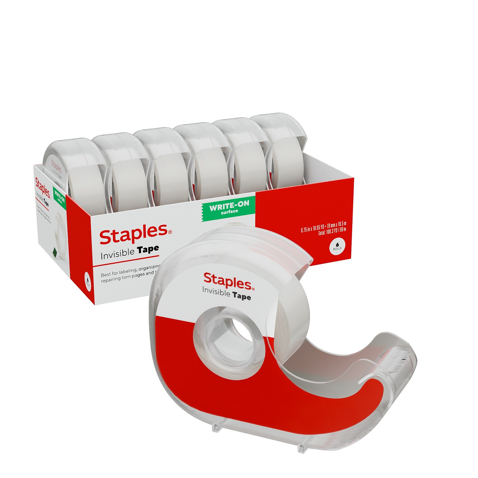 Staples Invisible Tape with Dispenser, 3/4 x 18.05 yds., 6 Rolls/Pack (ST62851)