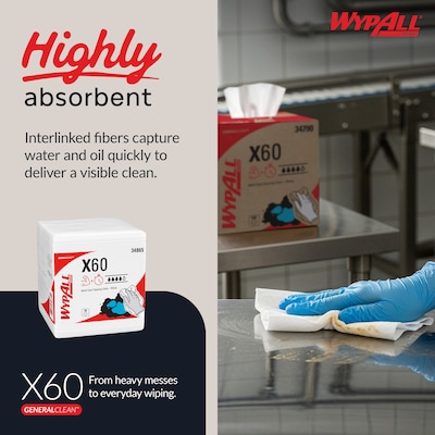 WypAll GeneralClean X60 Nylon Cleaning Wipers, 12" x 12.5", White, 76 Wipers/Box, 12/Carton (34865)