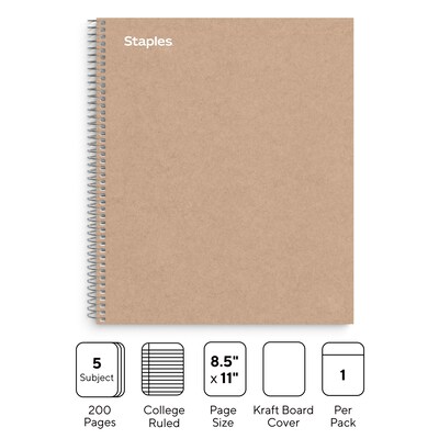 Staples Premium 5-Subject Notebook, 8.5" x 11", College Ruled, 200 Sheets, Brown (TR52122)