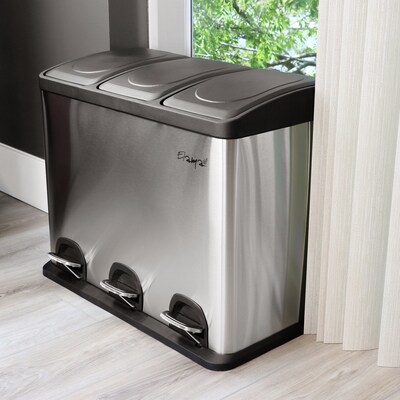 Elama Stainless Steel Indoor 3 Section Trash Can with Slow Close Lid, 12 Gallon, Silver (938120089M)