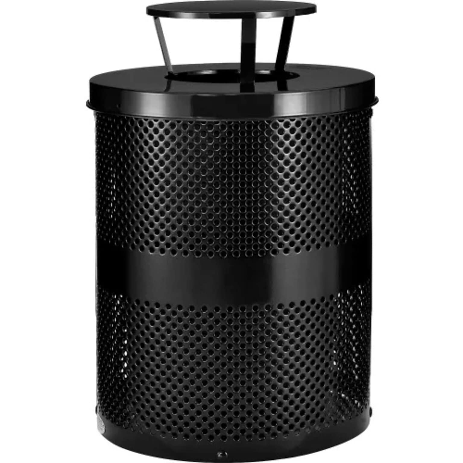 Global Industrial Outdoor Perforated Steel Trash Can w/ Rain Bonnet Lid, 36 Gallon, Black (261927BK)