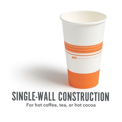 Perk 16 Oz Paper Hot Cups, 500 Count Bulk Disposable Coffee Cups for Hot Beverages, White/Orange