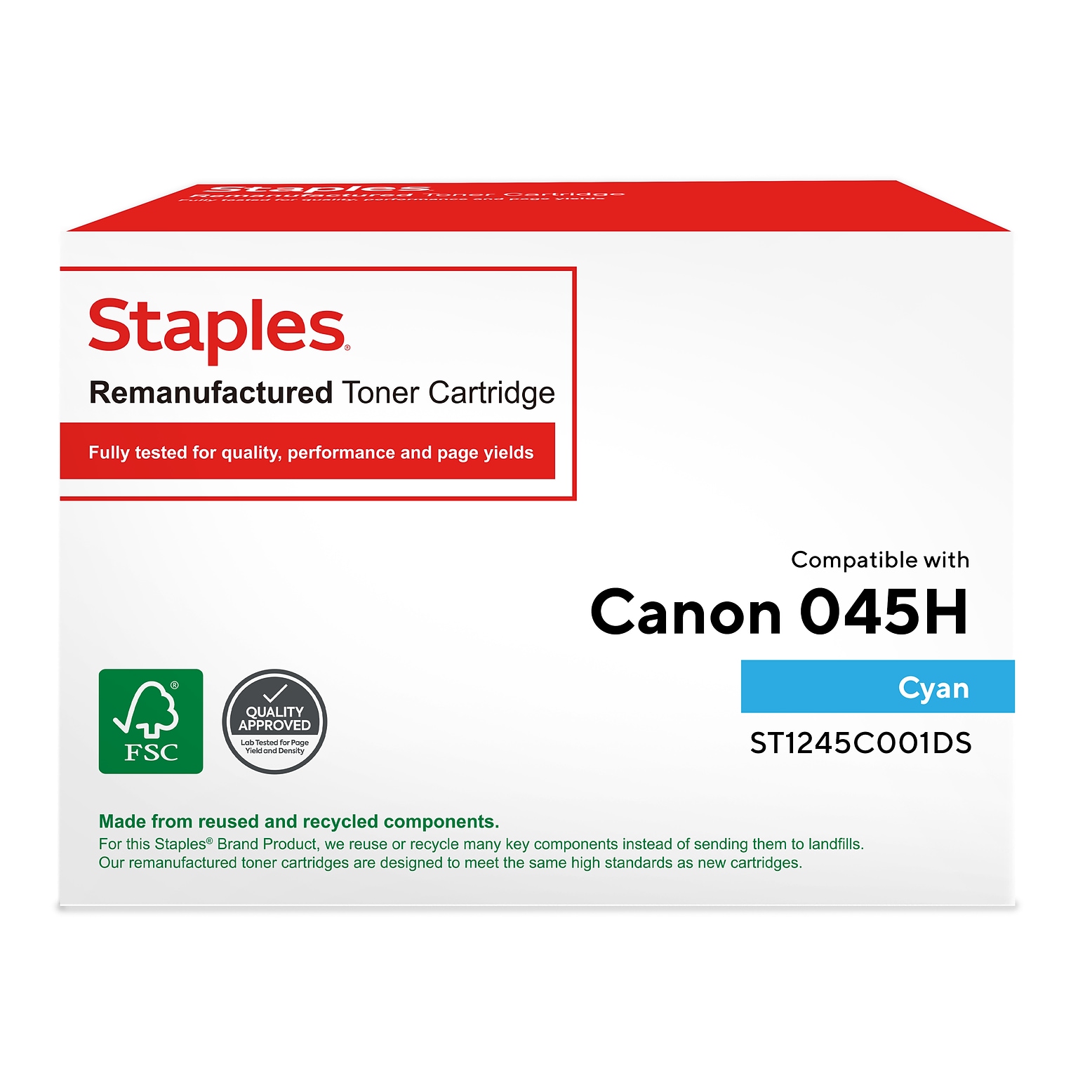 Staples Remanufactured Cyan High Yield Toner Cartridge Replacement for Canon 045H (TR1245C001DS/ST1245C001DS)