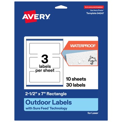Avery Waterproof Rectangle Laser Multipurpose Labels, 2.5 x 7, White, 30/Pack (19479399328)