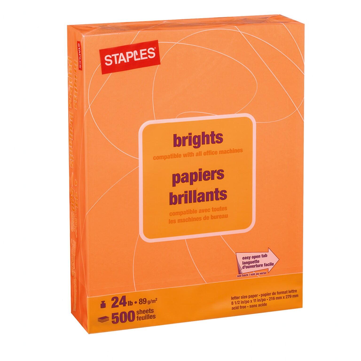Staples Brights Multipurpose Paper, 24 lbs., 8.5 x 11, Orange, 500/Ream (20108)