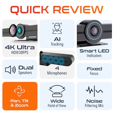 Delton C75 PTZ Ultra HD 4K Video Bar Webcam with AI Tracking, Noise-Canceling Microphone, Dual Speakers, Black (DCAIC75PTZ)