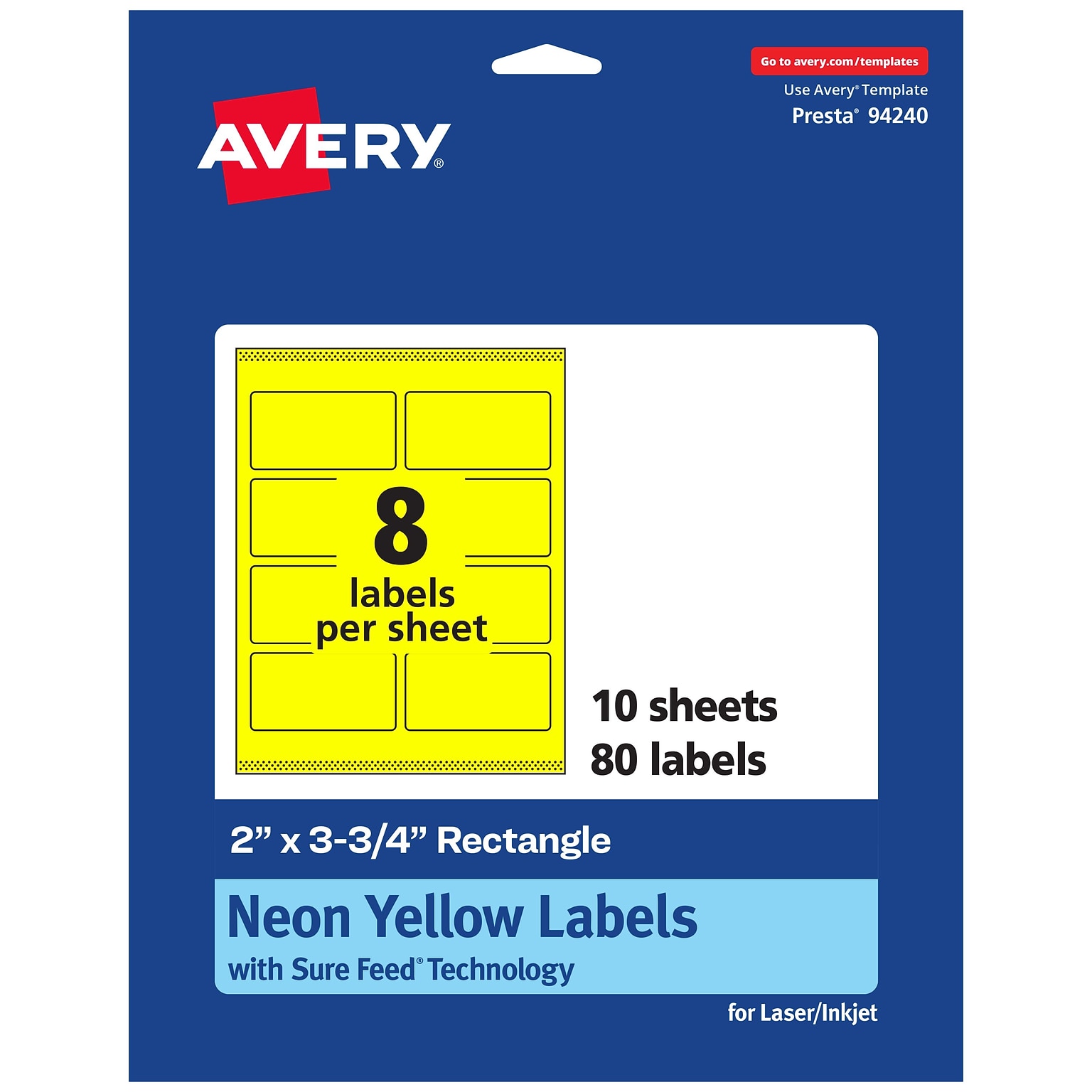 Avery Rectangle Multipurpose Labels, 2 x 3.75, Neon Yellow, 80/Pack (94240)