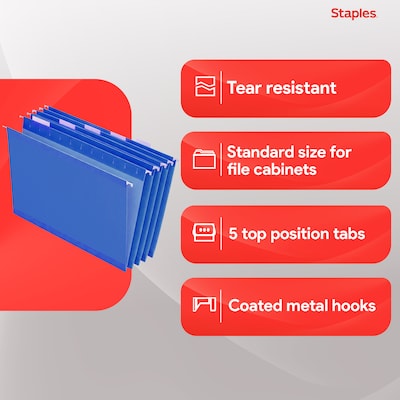 Staples® Hanging File Folders, 1/5-Cut Tab, Letter Size, Blue, 25/Box (ST163501-CC)
