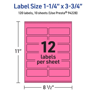 Avery Laser/Inkjet Rectangle Multipurpose Labels, 1.25" x 3.75", Bright Pink, 120/Pack (94228)