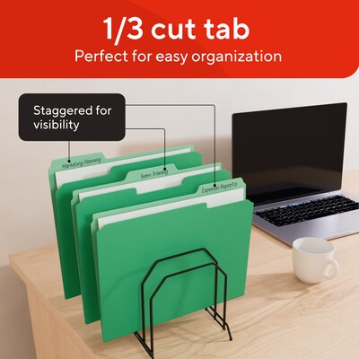 Staples File Folders, Letter Size, 1/3-Cut Tabs, Assorted Positions, Green, Durable Paper Stock, 100/Pack