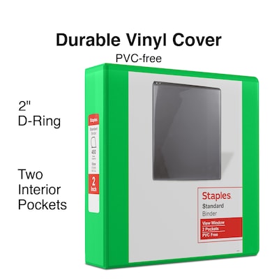 Staples® Standard 2" 3 Ring View Binder with D-Rings, Green (55433)