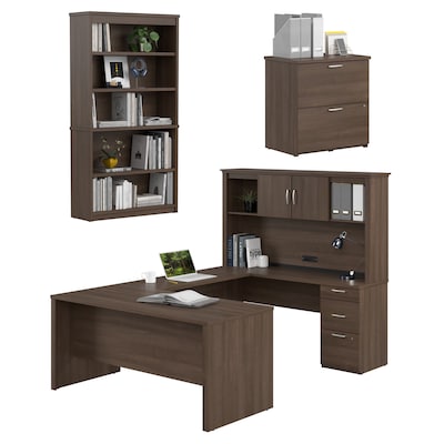 Bestar Logan 66W U or L Shaped Desk with Hutch, File Cabinet, and Bookcase, Antigua (46851-52)