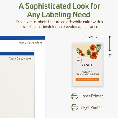 Avery Dissolvable Rectangle Multipurpose Labels, 5" x 3.5", Off-white, 20/Pack (94256)
