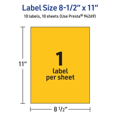 Avery Laser/Inkjet Rectangle Multipurpose Labels, 8.5" x 11", Bright Yellow, 10/Pack (94269)