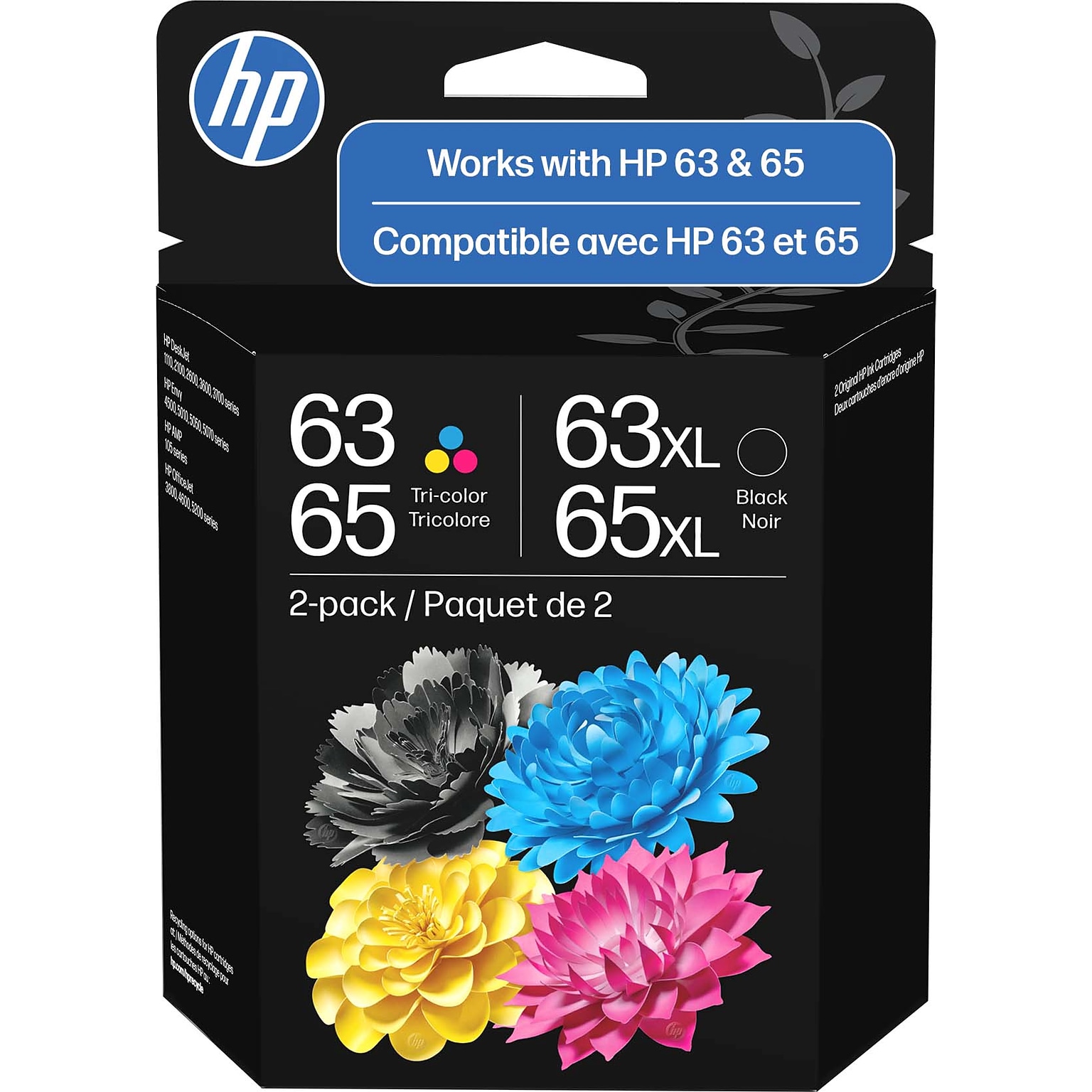 HP 63/65 XL Black High Yield and Tri-Color Standard Yield Ink Cartridge, 2/Pack (B87FDAN)