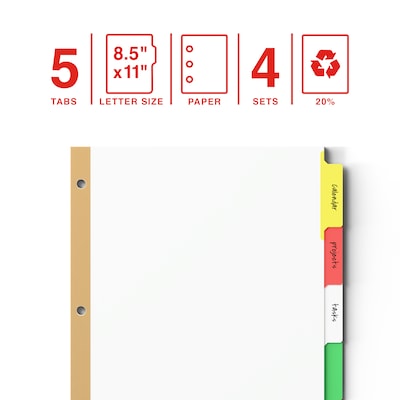 Staples Write-On™ BIG TAB Dividers, 5-Tab Set, Color Tabs, 4/Pack (13509)