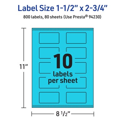 Avery Laser/Inkjet Multipurpose Rectangle Labels, 1.5" x 2.75", Bright Blue, 800/Box (94230)