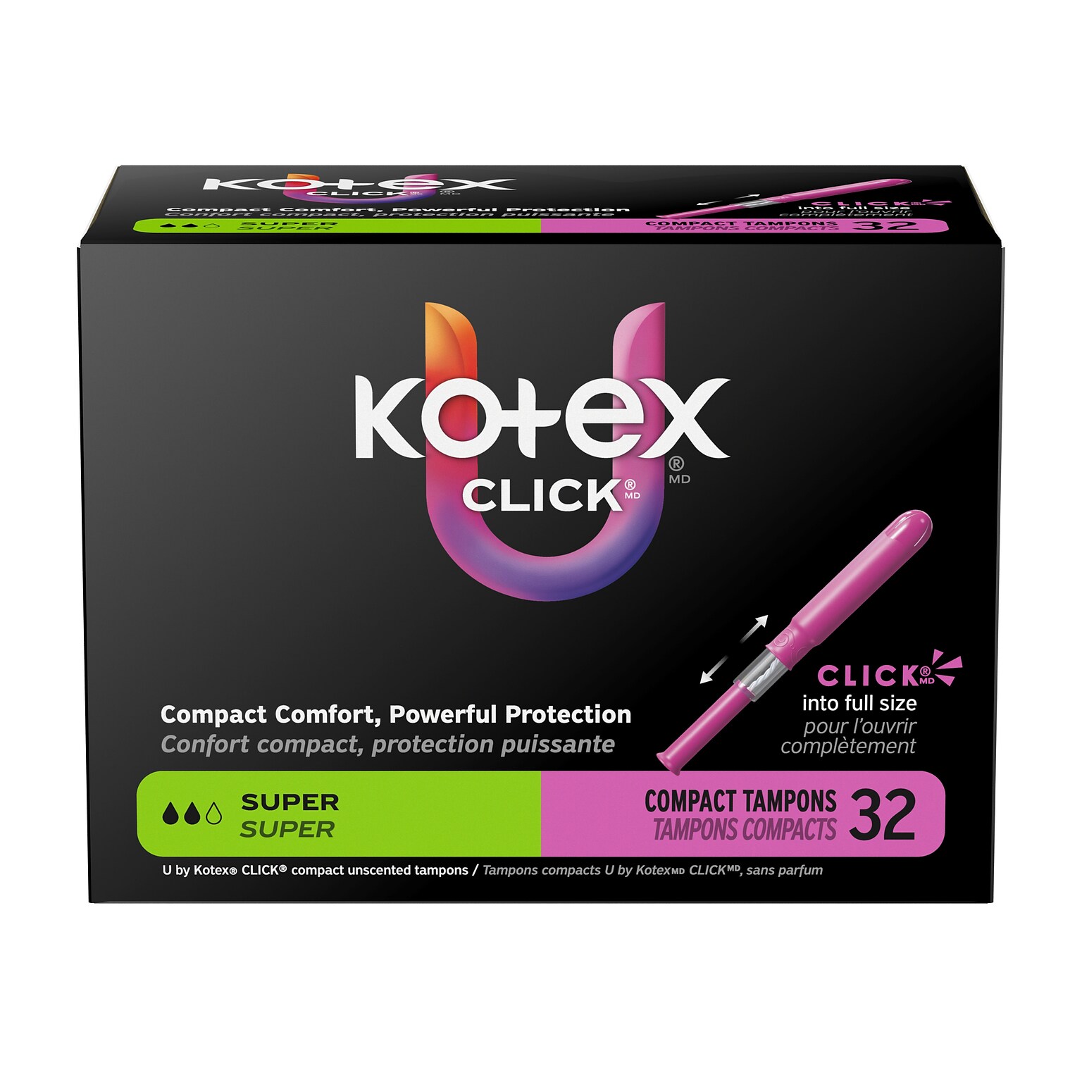 U by Kotex Click Super Absorbency Compact Tampon, Plastic Applicator, Unscented, 32/Pack (51584)