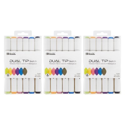 Bazic Alcohol-Based Marker, Twin Tip, Assorted Colors, 6/Pack, 3 Packs/Bundle (BAZ1231-3)