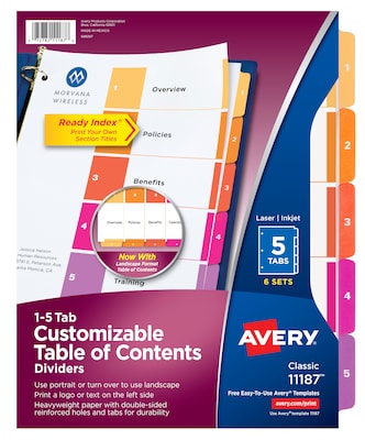 Avery Ready Index Table of Contents Paper Dividers, 1-5 Tabs, Multicolor, 6 Sets/Pack (11187)