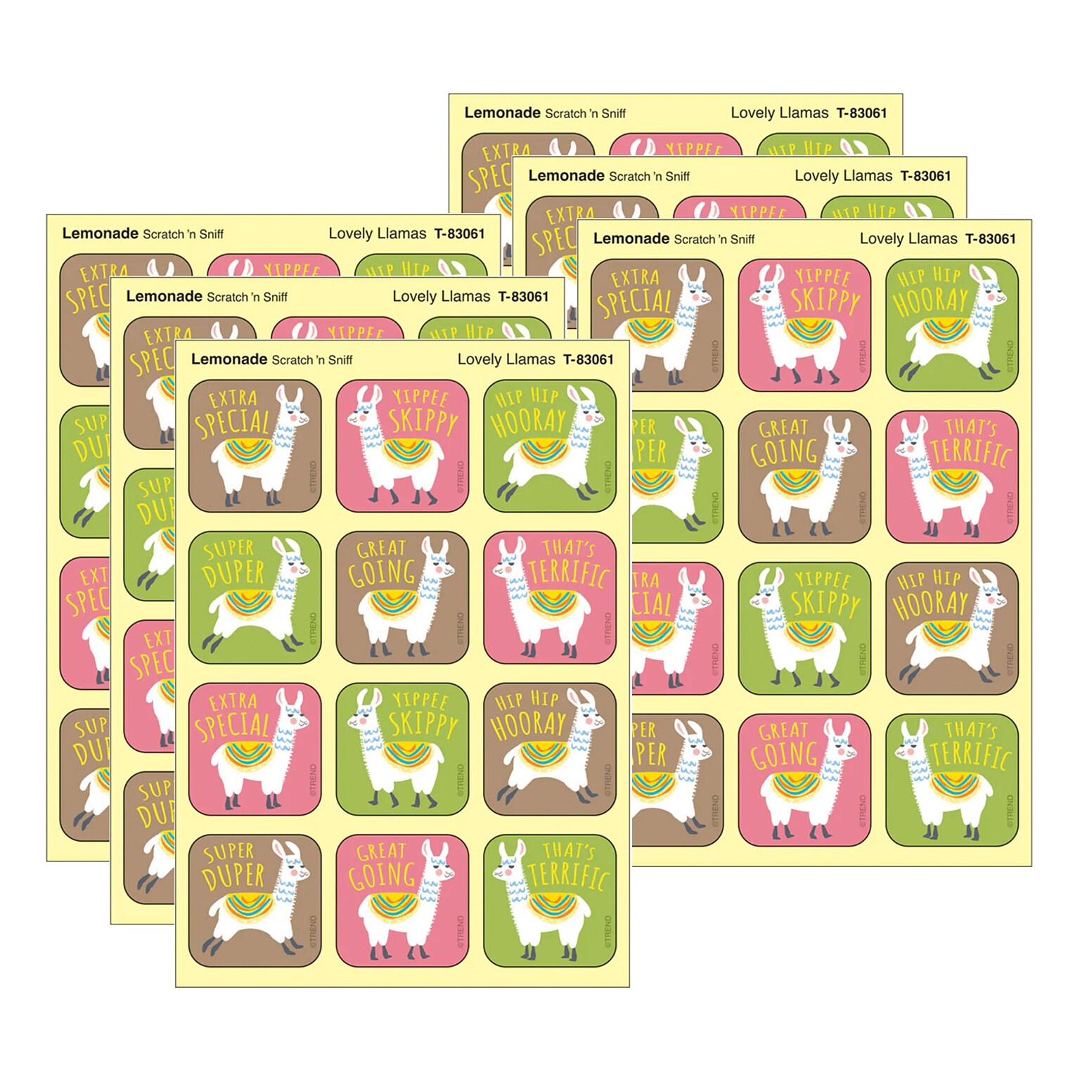 Trend Enterprises Lovely Llamas Lemonade Scent Scratch n Sniff Stinky Stickers, Multicolored, 48/Pack, 6/Packs/Bundle