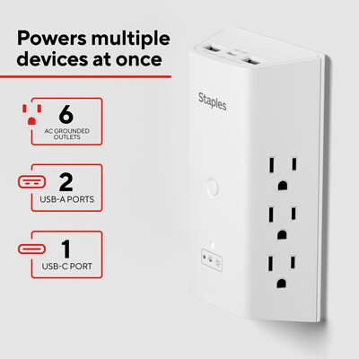 Staples TECH 6-Outlet 3-USB Port Surge Protector, 1200 Joules, White (ST62778)