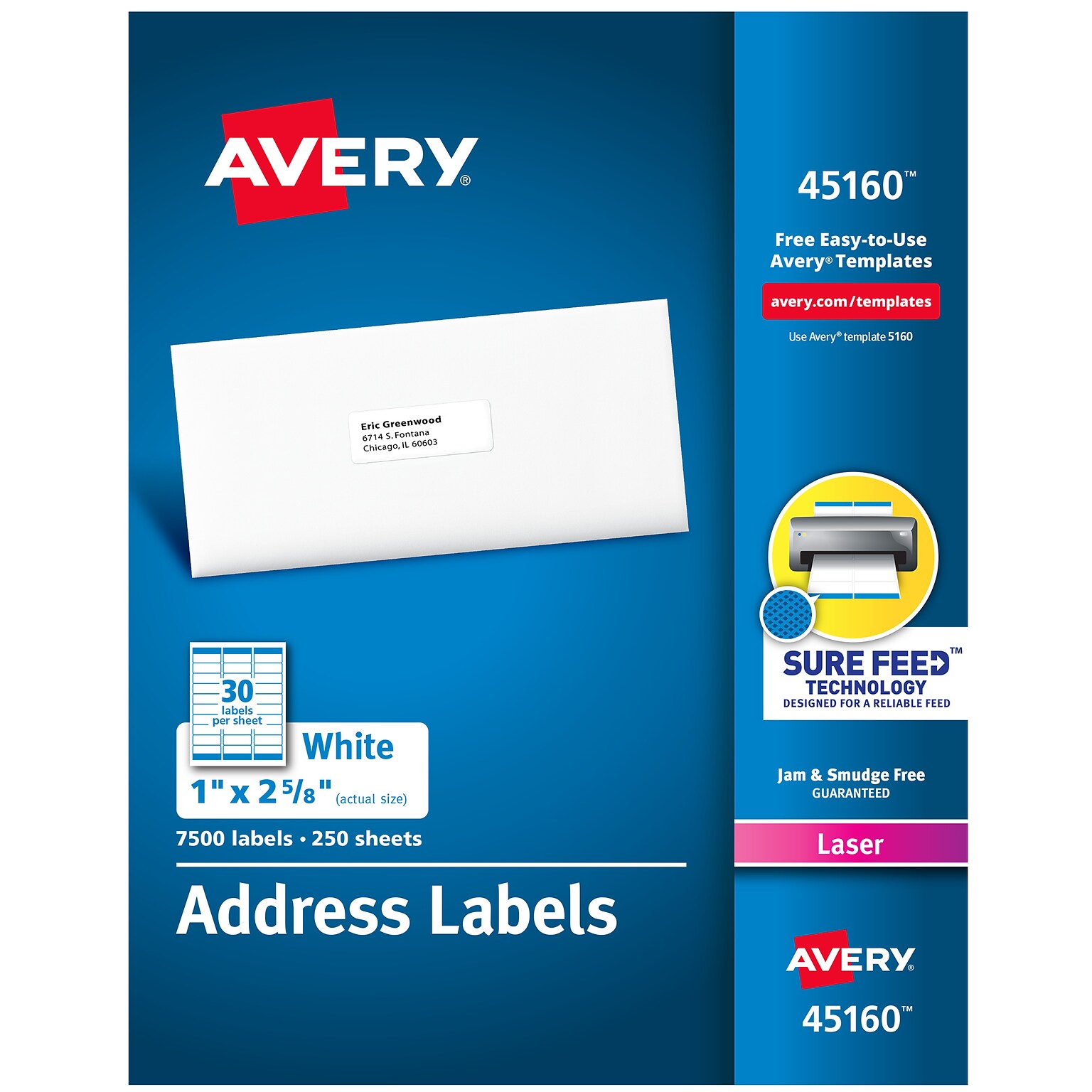 Avery Sure Feed Laser Address Labels, 1 x 2-5/8, White, 7,500 Labels/Box (45160)
