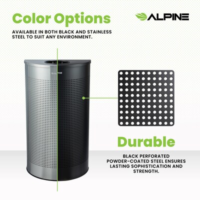 Alpine Industries Stainless Steel Trash Can, 12 Gallon, Black (ALP438-12HR-BLK)