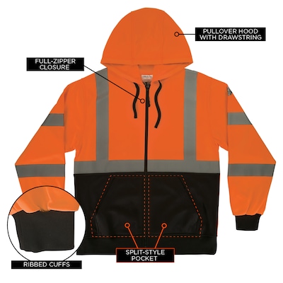 GloWear 8312BK High Visibility Long Sleeve Black Bottom Hooded Zip-Up Sweatshirt, ANSI Type R Class 3, Orange, 5XL (22949)