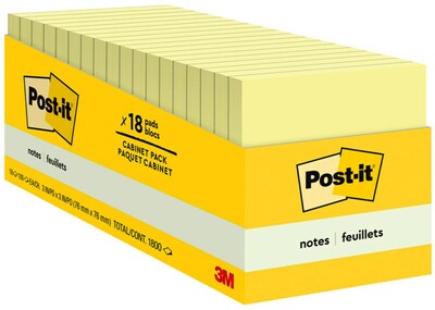 Post-it Notes, 3" x 3", Canary Collection, 90 Sheet/Pad, 18 Pads/Pack (654-18CP)