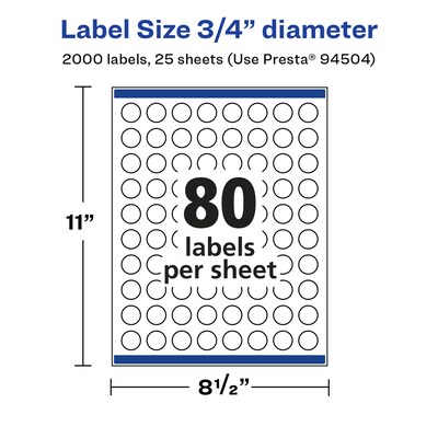 Avery Laser/Inkjet Round Multipurpose Labels, 0.75" Dia., Glossy White, 2,000 Labels/Pack (94504)