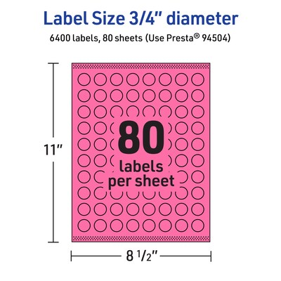 Avery Laser/Inkjet Round Multipurpose Labels, 0.75" Dia., Bright Pink, 6400/Box (94504)