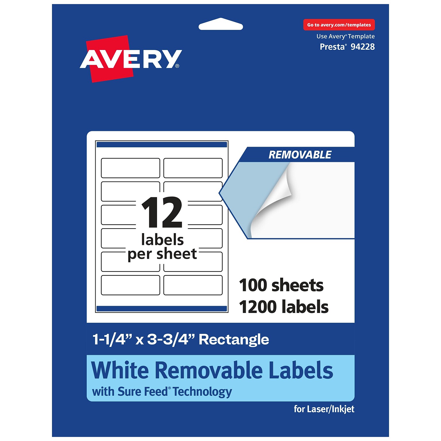 Avery Laser/Inkjet Rectangle Multipurpose Labels, 1.25 x 3.75, White, 1200 Labels/Box (94228)