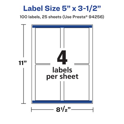 Avery Laser/Inkjet Waterproof Multipurpose Rectangle Labels, 5" x 3.5", White, 100 Labels/Pack (94256)