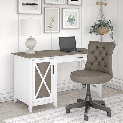 Bush Furniture Key West 54W Computer Desk with Storage and Mid-Back Tufted Office Chair, Shiplap Gr