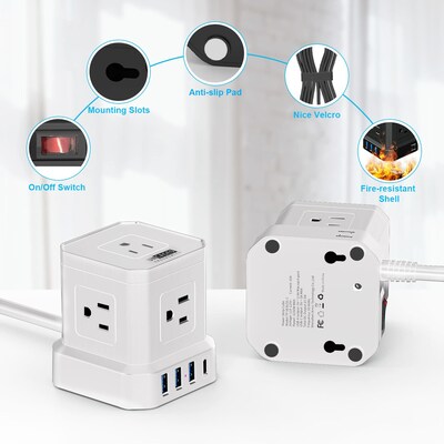 Uncaged Ergonomics Cube 5-Outlet 4-USB Port Surge Protector, 10', White (PC-w-c)