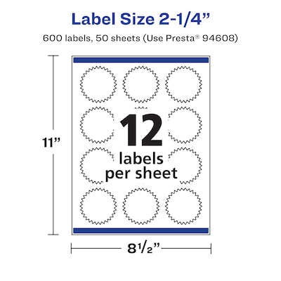 Avery Laser/Inkjet Starburst Waterproof Multipurpose Labels, 2.25"  Dia, White, 600/Box (94608)