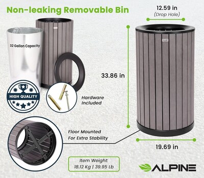 Alpine Industries Steel Outdoor Trash Can with Open Lid, 32 Gallon, Gray (ALP4400-01-GRY)
