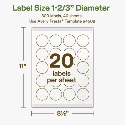 Avery Hemp Round Laser/Inkjet Multipurpose Labels, 1-2/3" Dia, Off-White (800/Box)