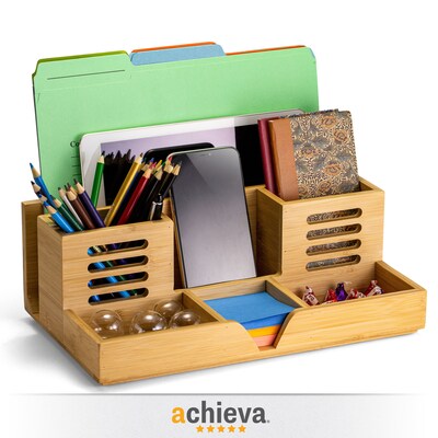 Officemate Bamboo Desk Accessories 7-Compartment Stackable Bamboo Desk Organizer, Natural Wood Grain (71000)