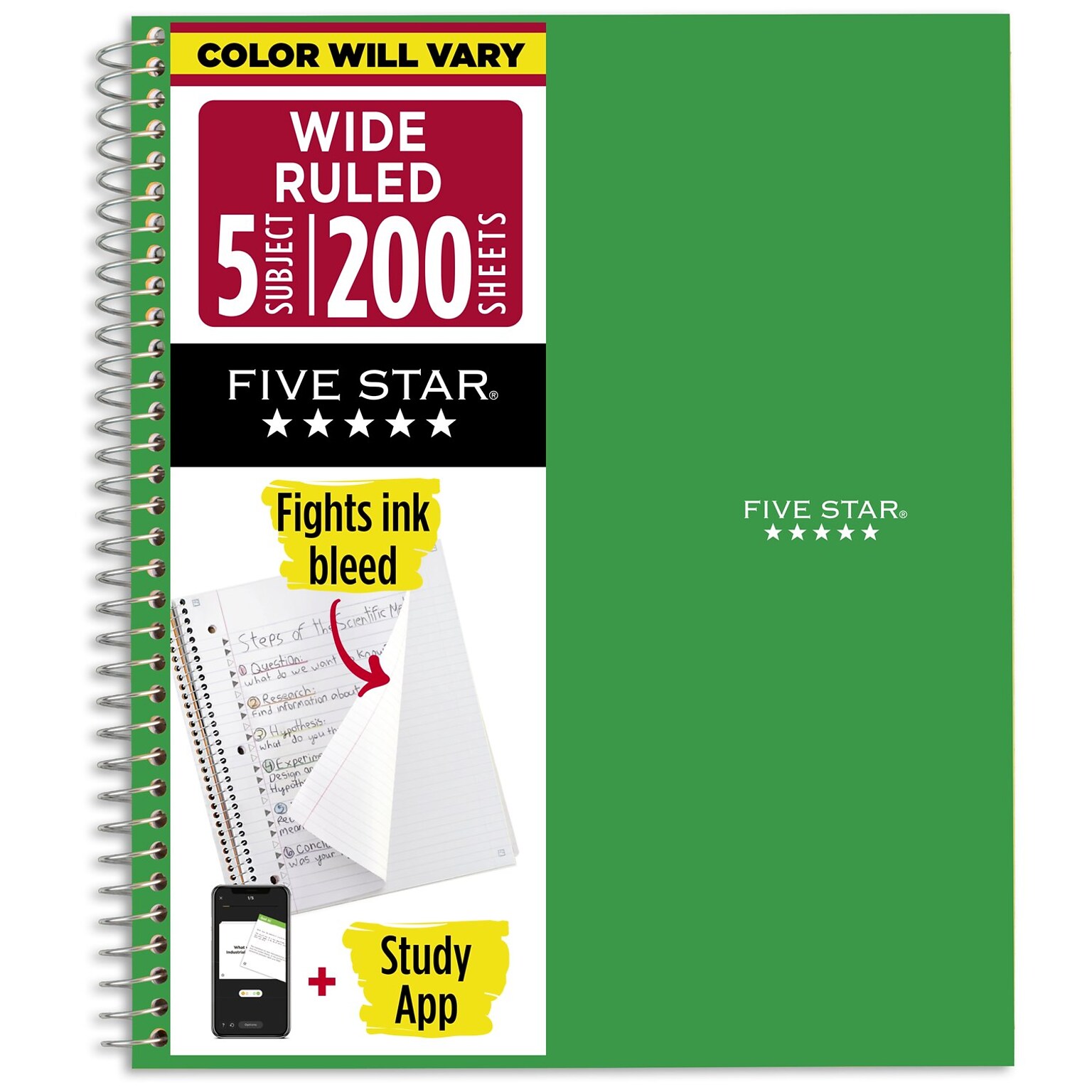 Five Star 5-Subject Subject Notebooks, 8 x 10.5, Wide Ruled, 200 Sheets, Color Chosen at Random (51016)