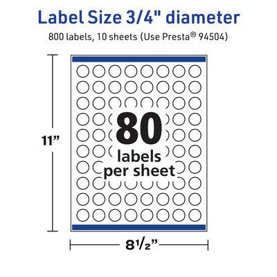 Avery TrueBlock Laser/Inkjet Round Multipurpose Labels, 0.75" Dia., White, 80 Labels/Sheet, 10 Sheets/Pack (94504-TWMP10)