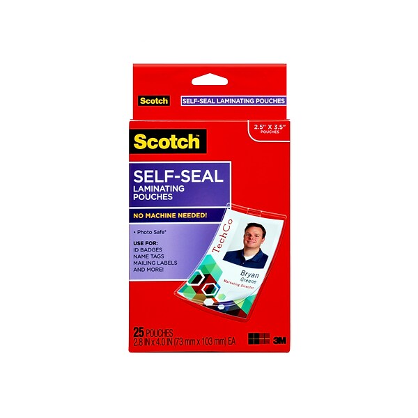 Scotch™ Self-Seal Laminating Pouches, ID Badge/Tag Size, 25 Pouches with Clips (LS852G)