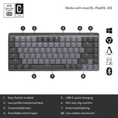 Logitech MX Mechanical Mini Illuminated Wireless Ergonomic Keyboard, Black/Gray (920-010551)