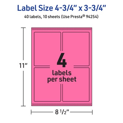 Avery Laser/Inkjet Rectangle Multipurpose Labels, 4.75" x 3.75", Bright Pink, 40/Pack (94254)