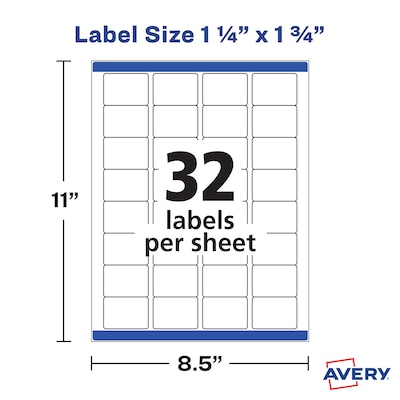 Avery Laser/Inkjet Removable Durable Labels, 1.25" x 1.75", White, 32 Labels/Sheet, 8 Sheets/Pack, 256 Labels/Pack (22828)