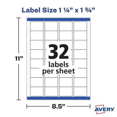 Avery Laser/Inkjet Removable Durable Labels, 1.25" x 1.75", White, 32 Labels/Sheet, 8 Sheets/Pack, 256 Labels/Pack (22828)