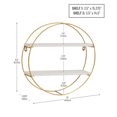 Mind Reader Metal Floating Round Wall Shelf, 15.5" x 3.81" x 16", White/Gold (MDGCIR-WHT)