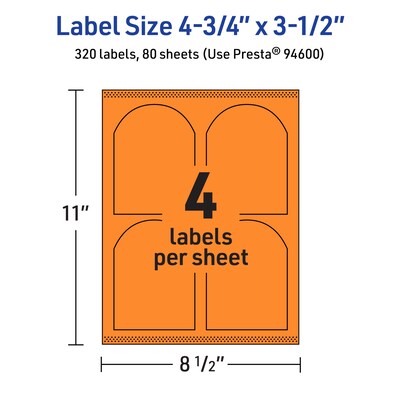 Avery Laser/Inkjet Multipurpose Decorative Edge Labels, 4.75" x 3.5", Bright Orange, 320/Box (94600)
