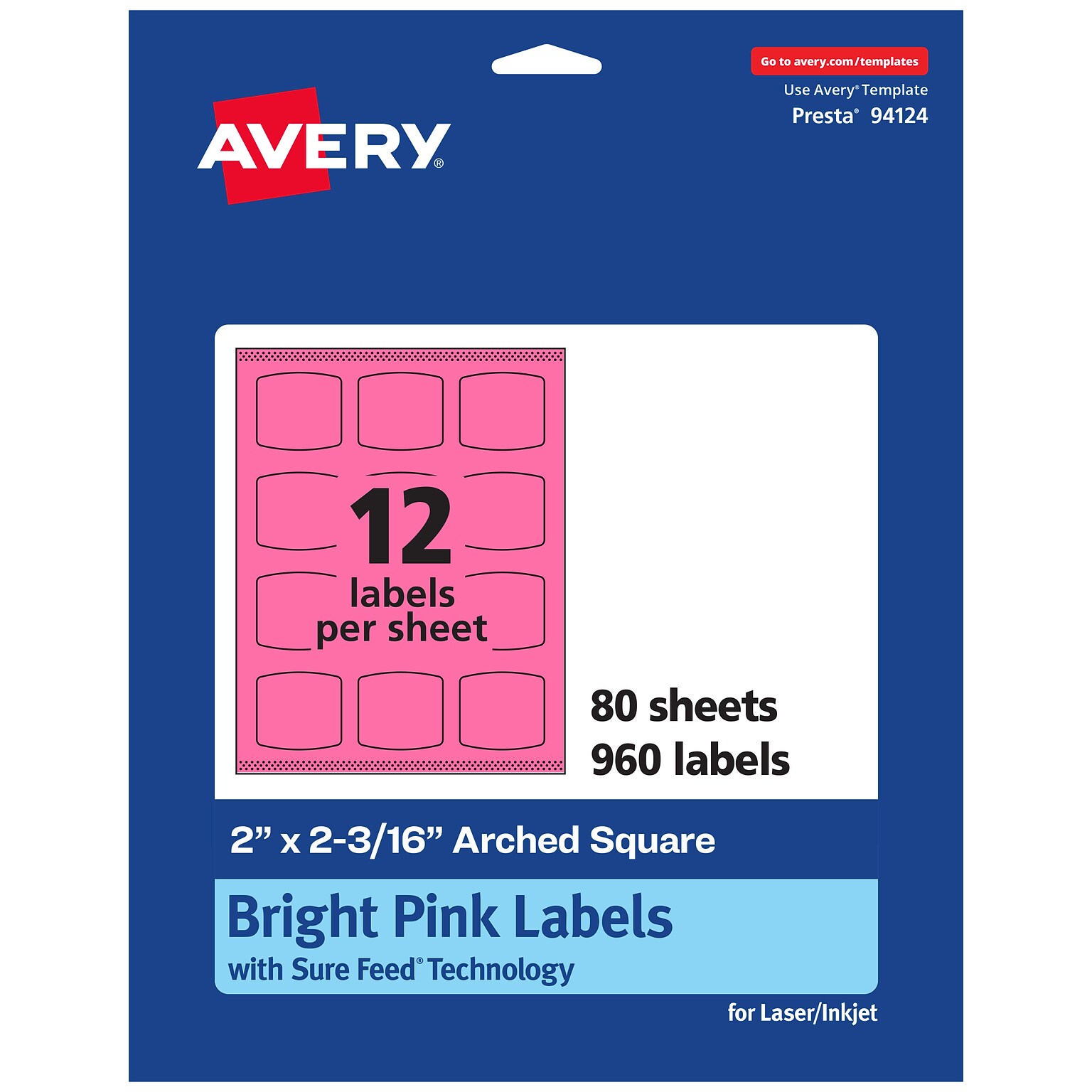 Avery Laser/Inkjet Arched Square Multipurpose Labels, 2 x 2-3/16, Bright Pink, 960/Box (94124)